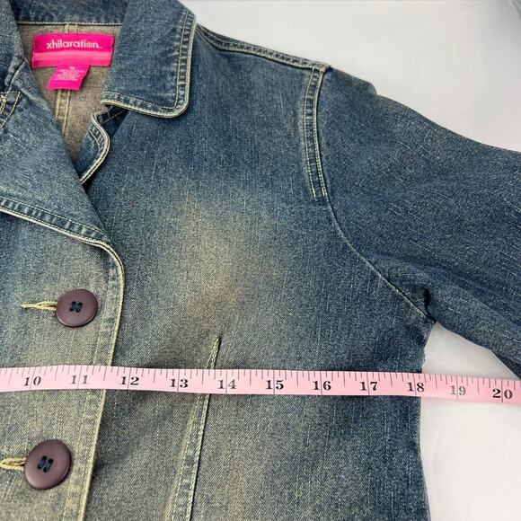 VTG 90s Xhilaration Double Breast Yellow Wash Distressed Denim Blazer Jacket M - Picture 8 of 9